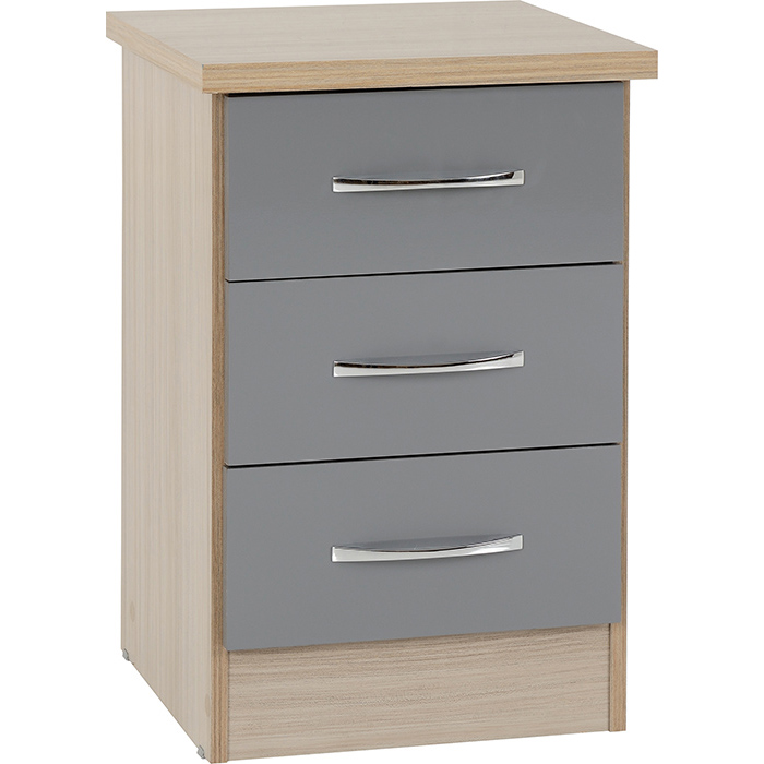 Nevada 3 Drawer Bedside Chest In Grey Gloss & Light Oak Effect - Click Image to Close